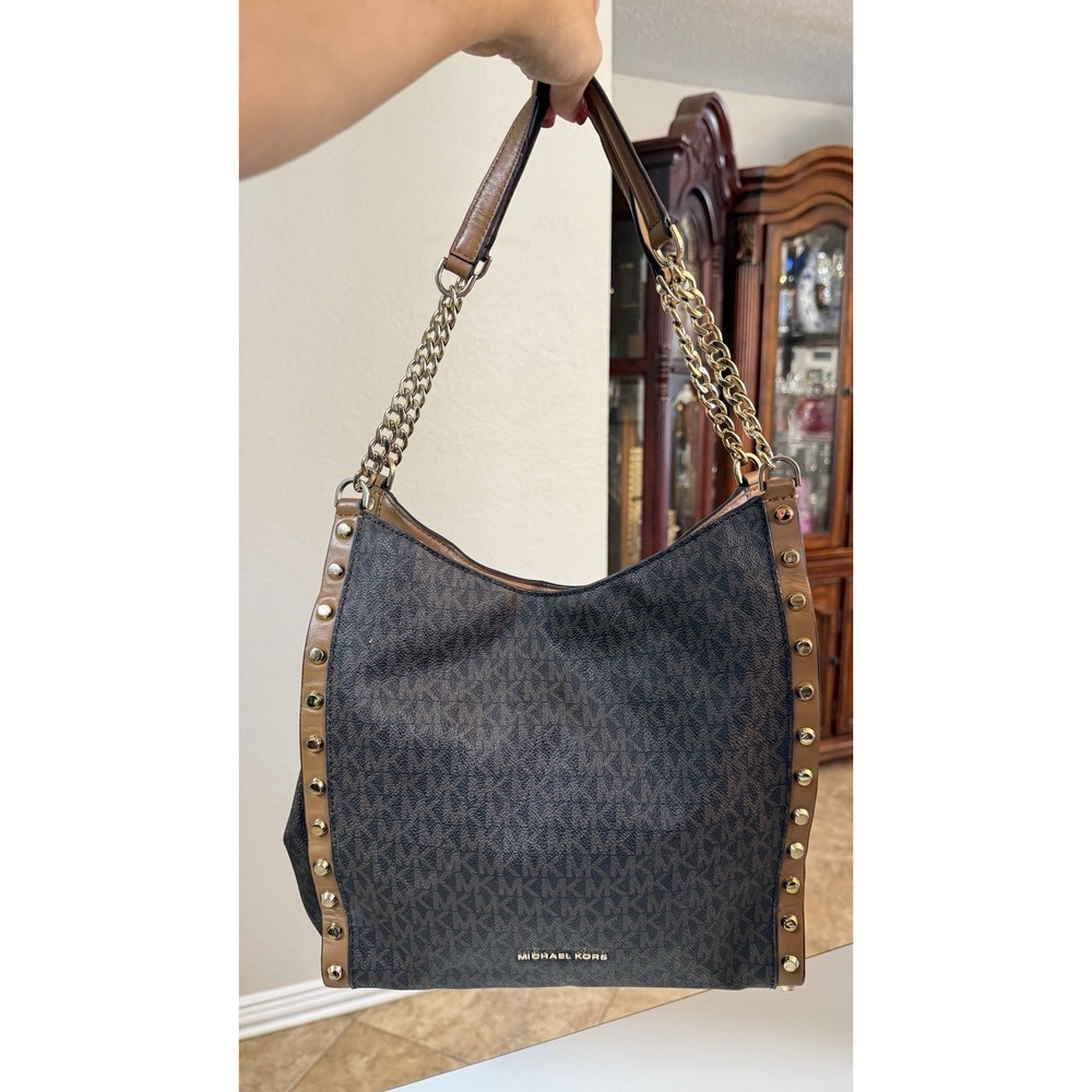 Michael Kors Newbury Medium Hobo Shoulder Bag Brown Logo Studded Chain Tote